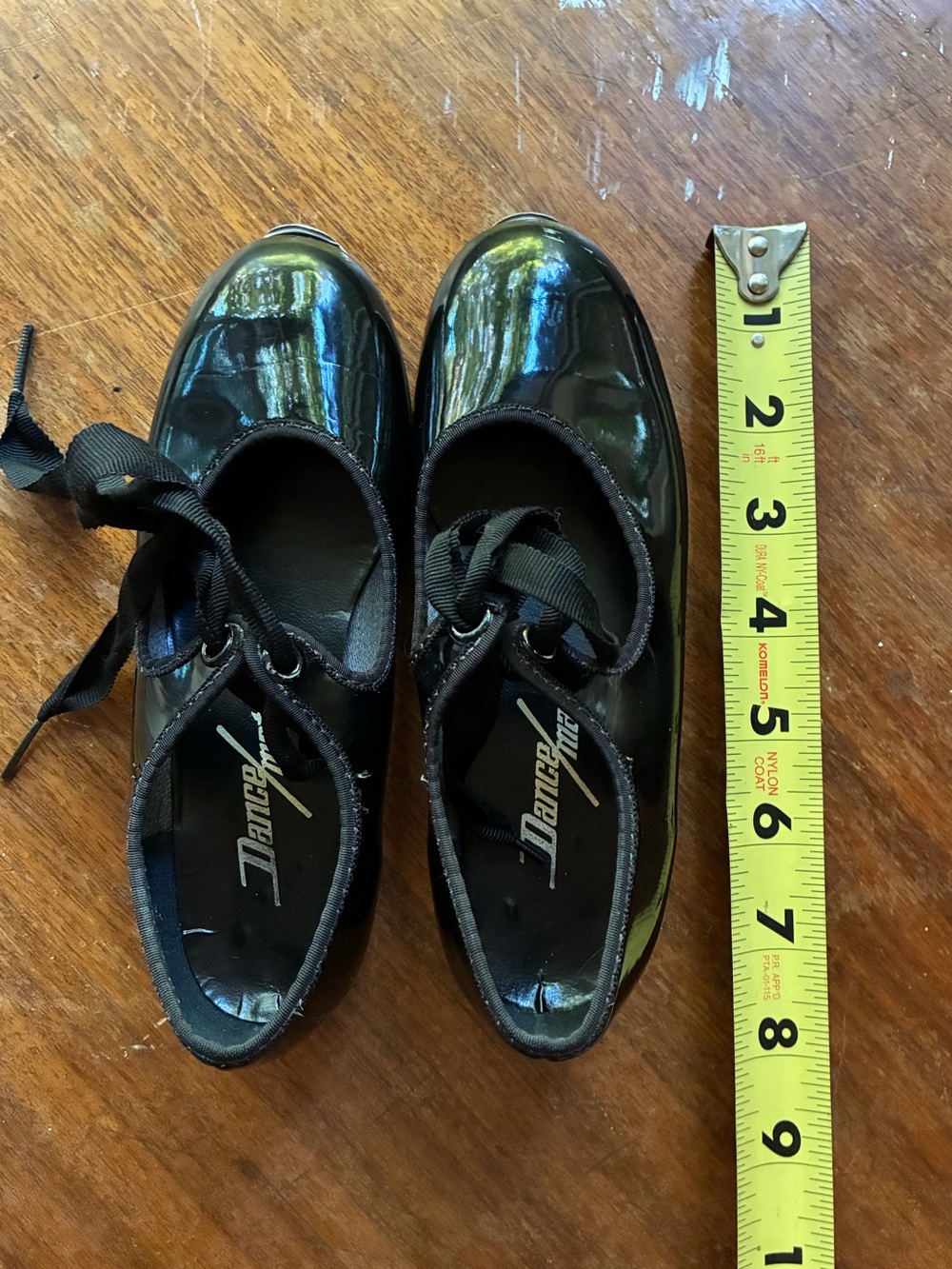 Vintage Dance Mate Kids Black Patent Leather Tap Shoes with Ribbon Laces